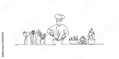 Chef preparing food at kitchen counter with ingredients