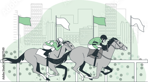Two jockeys racing horses past skyscrapers and checkered flags horse racing competition