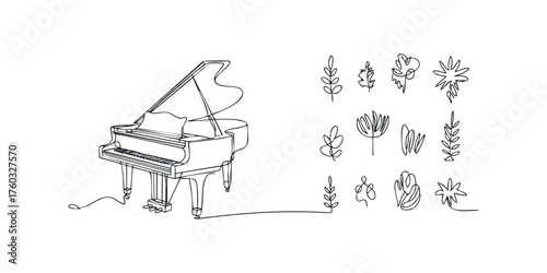 One Line Drawing of a Grand Piano with Botanical Elements
