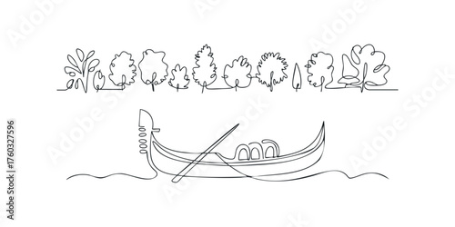 Continuous line drawing of a gondola and trees