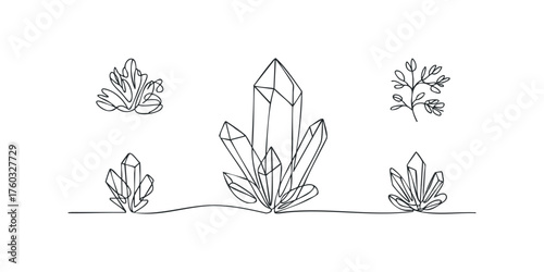 Line art collection of crystals and leaves on white background