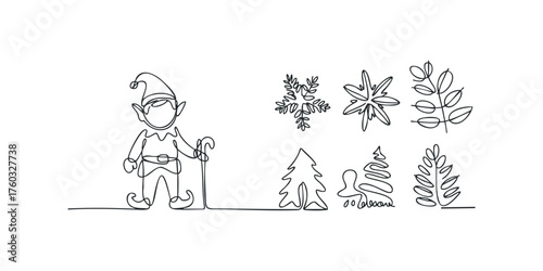 Single Line Drawing of Elf and Winter Elements