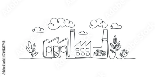 Continuous line drawing of industrial factory with clouds and plants