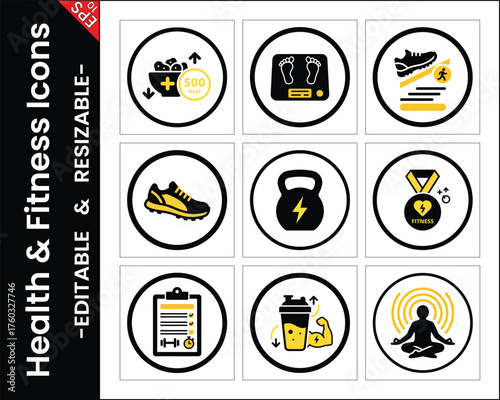 Health And Fitness Icon Set Featuring Nutrition Exercise Weightlifting And Mental Wellness