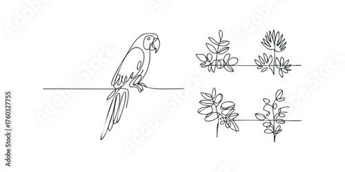 Single line drawing of a parrot and foliage