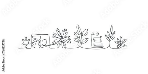 Continuous line drawing of abstract shapes and floral elements
