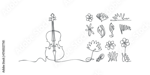 Minimalist single line drawing of cello and botanical elements