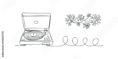 Line drawing of turntable and flowers
