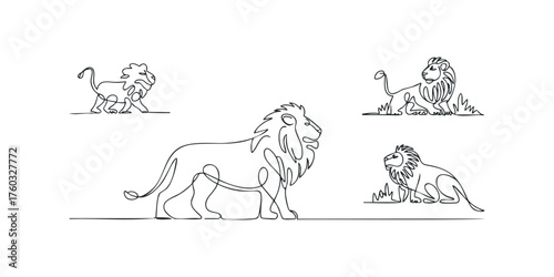 Continuous Line Drawing of Four Lions in Different Poses