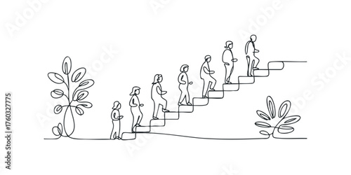 Group of abstract figures ascending a staircase