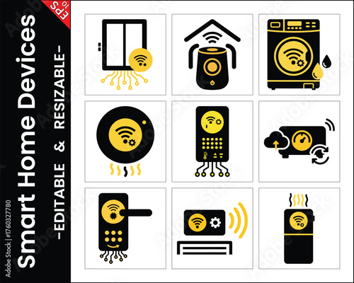 Smart Home Automation Devices Collection Black And Yellow Technology Icons