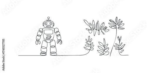 Single Line Drawing of Robot with Leaf Sprigs