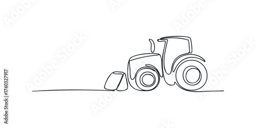 Continuous line drawing of a farm tractor with scoop