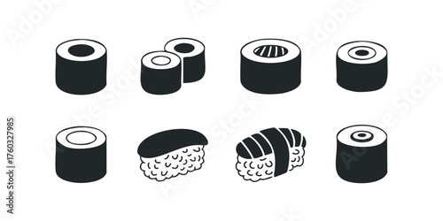Variety of sushi and maki rolls icon set