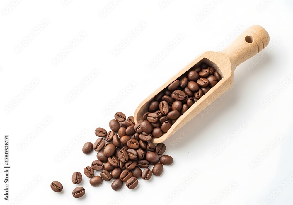 Obraz premium Roasted Coffee Beans in a Wooden Scoop on White Background