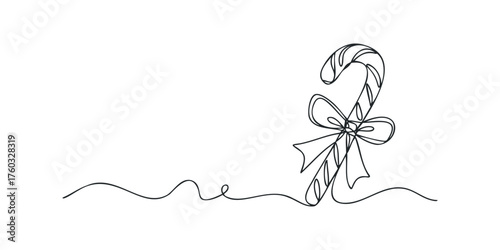 Continuous line drawing of a candy cane with a bow