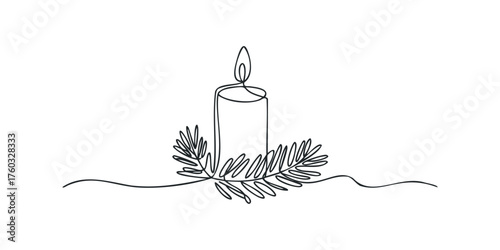 Single line drawing of a lit candle with fir branches