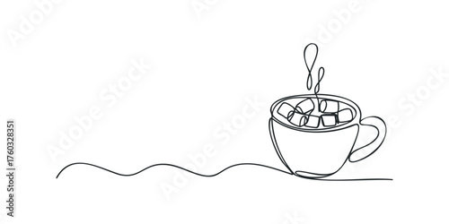 One Line Drawing of Steaming Hot Chocolate Cup with Marshmallows