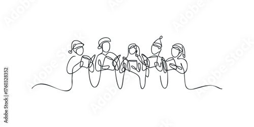 Continuous line drawing of five people in Santa hats singing carols