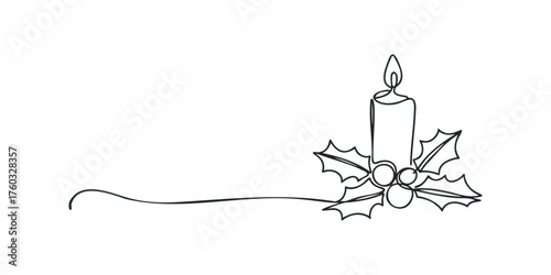 Single line drawing of a lit candle with holly berries and leaves