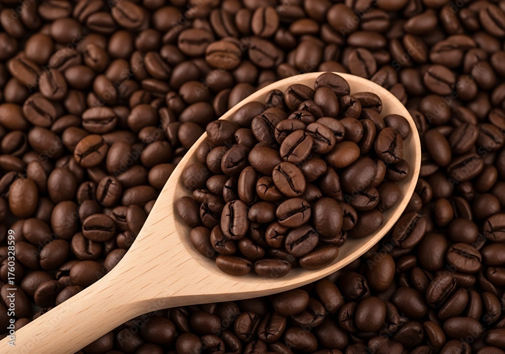 Fototapeta premium Roasted Coffee Beans in Wooden Spoon Fresh Brew Aroma