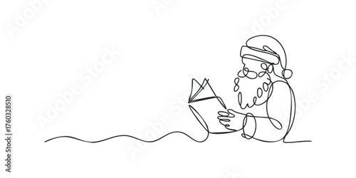Single line drawing of Santa Claus reading a book