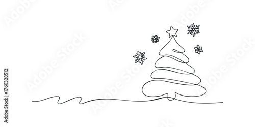 Continuous Line Drawing of Festive Christmas Tree and Snowflakes