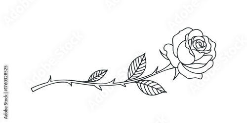 Single Line Drawing of a Rose with Thorns and Leaves