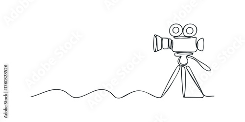 Vintage film camera on tripod drawn in single line