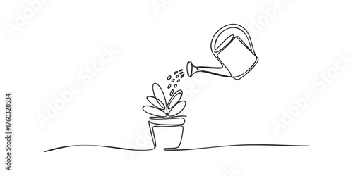Continuous Line Drawing of Watering Can Pouring Water on Potted Plant