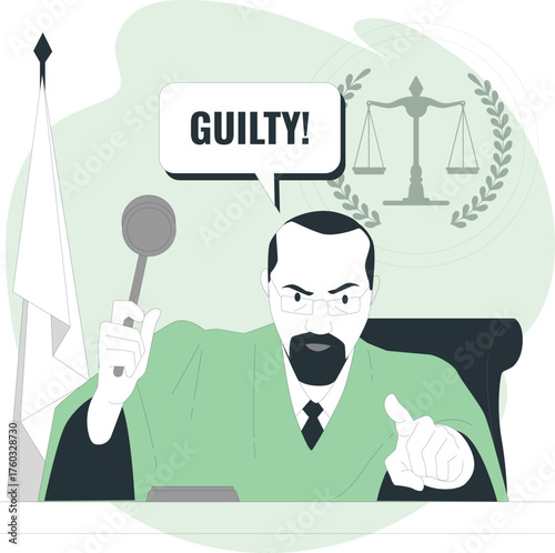 Judge in a courtroom holding a gavel and declaring GUILTY with scales of justice legal