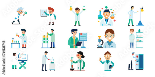 Diverse group of scientists in a laboratory setting conducting various experiments and research activities