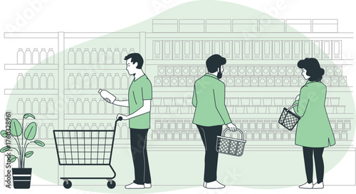 People shopping in a grocery store with shelves of products and shopping carts supermarket retail