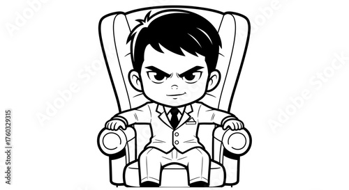 Cartoon illustration of a sternlooking businessman sitting in an armchair vector art style design