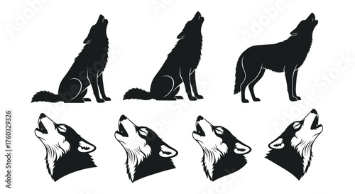 Set of howling wolf silhouettes, showcasing various poses and angles of the majestic animal in black and white