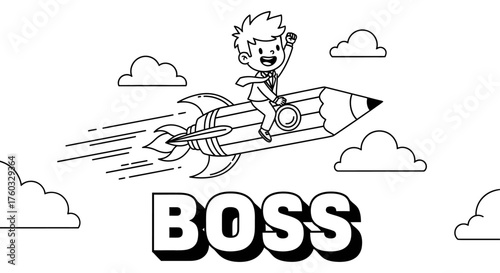 A cheerful boy soars to success riding a pencil rocket through the clouds, symbolizing ambition and leadership