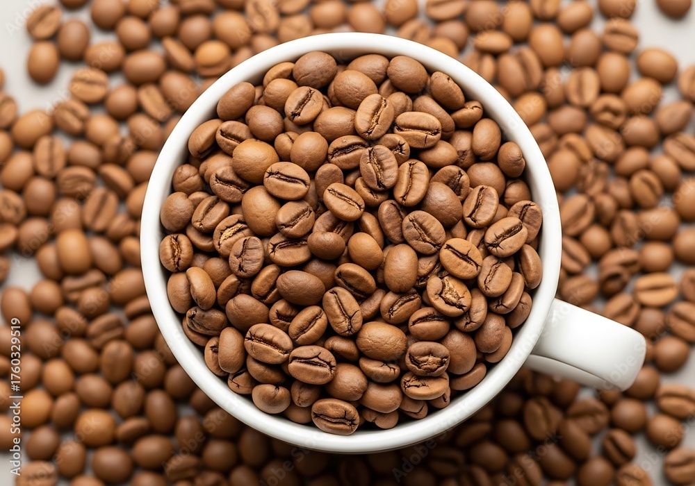 Fototapeta premium Freshly Roasted Coffee Beans Overflowing from a White Mug