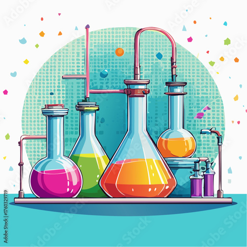 Vibrant Pop Art Chemistry Lab with Colorful Flasks and Beakers
