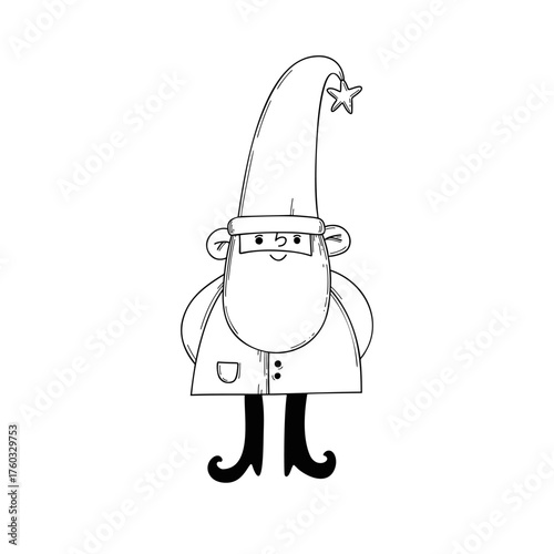 Minimal vector illustration of a cute Christmas gnome with a long pointed hat topped with a star, drawn in simple black and white outline style perfect for coloring pages, winter clipart