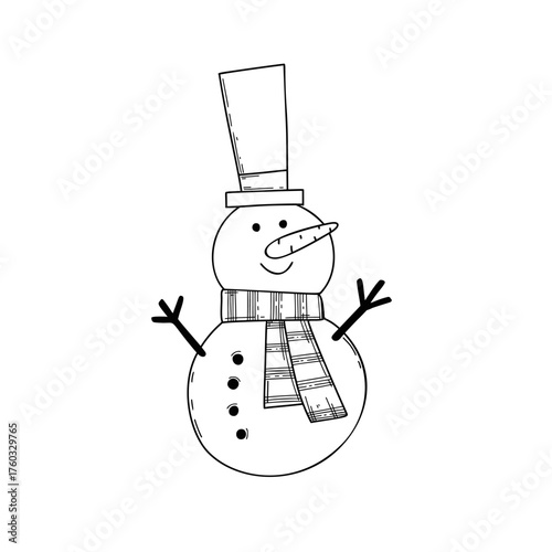 Clean vector illustration of a cheerful snowman in a tall hat and striped scarf, drawn in simple black and white outline style — ideal for coloring pages, winter clipart, and educational designs.