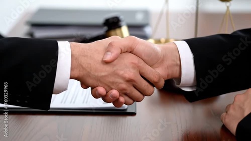 Two business partners shaking hands in a legal office after successful negotiation.