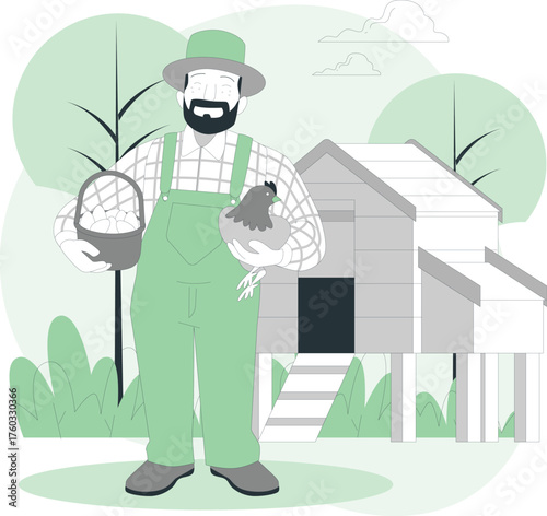 Farmer Holding a Chicken and Basket of Eggs in Front of a Coop agriculture rural