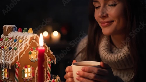 Young Woman Enjoying a Cozy Christmas Evening with a Hot Drink by Candlelight.