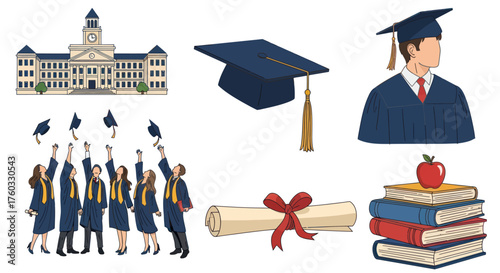 Academic Graduation Ceremony Elements: University Caps Graduates Diploma Books.