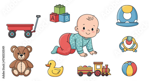 Adorable Baby and Collection of Colorful Classic Toys for Infants and Toddlers.