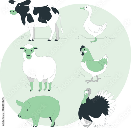 Collection of Farm Animals Including Cow Sheep Pig Duck Chicken and Turkey livestock
