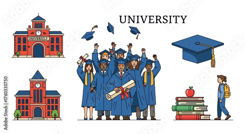 Diverse group of graduates celebrating with diplomas and caps at university.