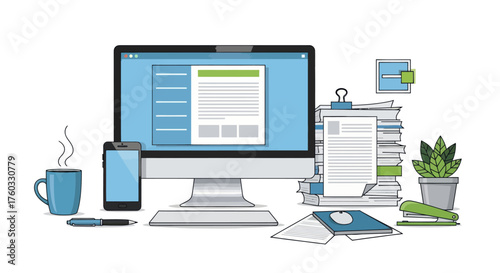 Modern Desktop Computer Setup with Documents and Coffee.