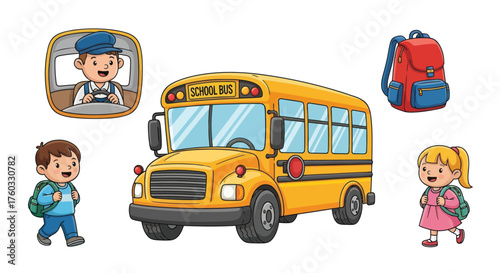 Cartoon School Bus with Driver Boy Girl and Backpacks Illustration.