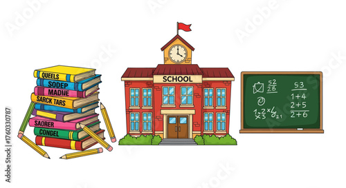 Colorful Stack of Books School Building and Chalkboard with Math Equations.